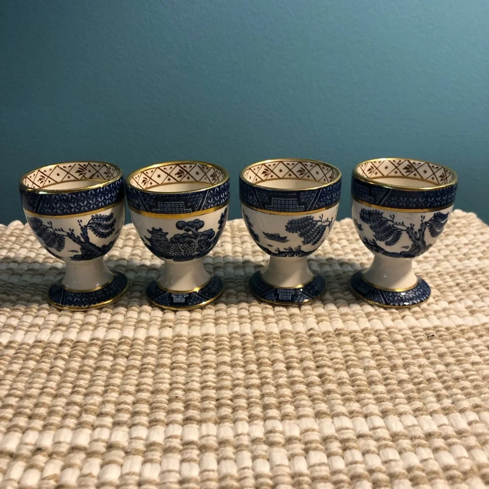 Vintage Booths England blue  and White Porcelain Egg Cups w Gold Trim - Set of 4